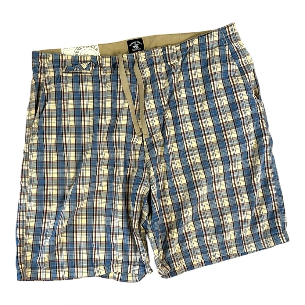 Beverly Hills Polo Club Plaid Shorts Men’s 40 Flat Front 100% Cotton Blue Ecru